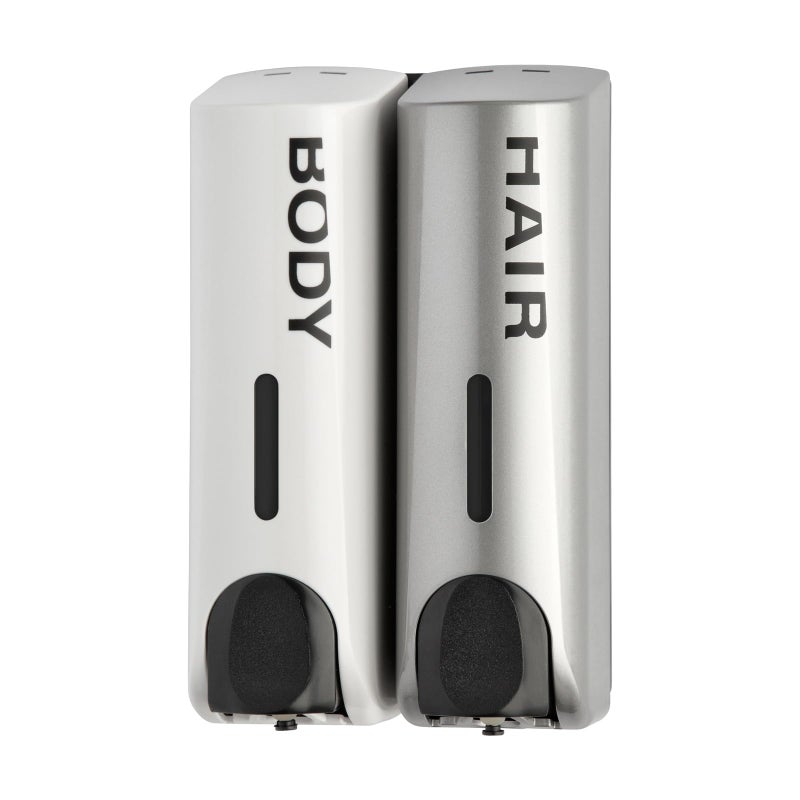 EZPULL Duo Wall Mounted Shampoo Soap Shower Dispensers with 2x350ml Refillable Bottles, White/Silver - Image 2